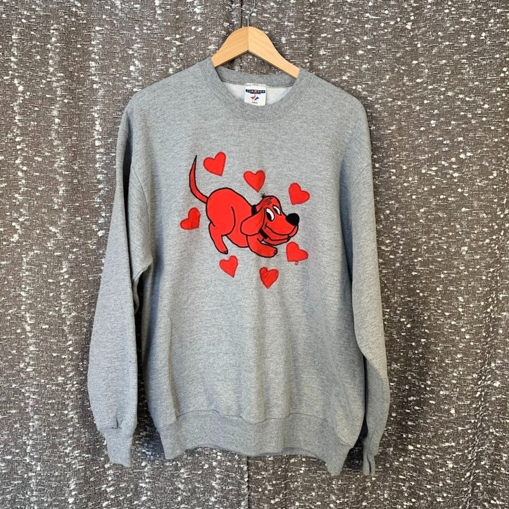 Clifford the Big Red‎ Dog Jerzees Hearts Gray Long Sleeve Crewneck Sweater
